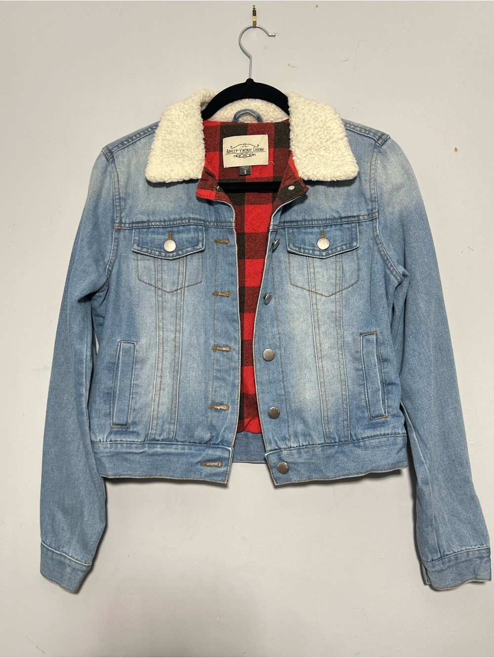 Light Wash Sherpa Collar Denim Jacket with Red Plaid Lining
